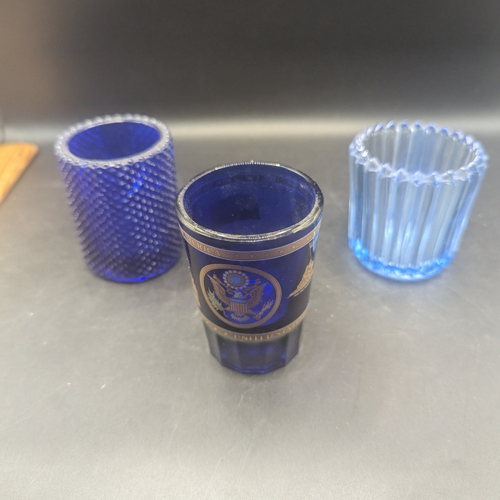 Set Of 3 Blue Glass Votive Candle Holders/Toothpick Holders/Shot Glass.